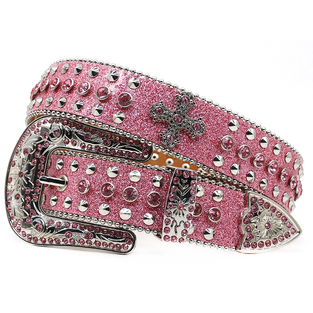 Zero-Pink Cross Shiny Rhinestone Belt