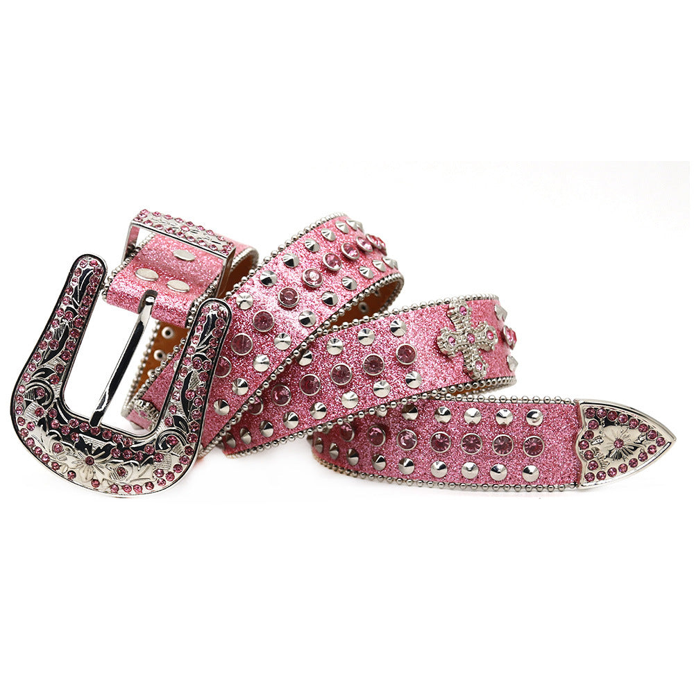 Zero-Pink Cross Shiny Rhinestone Belt