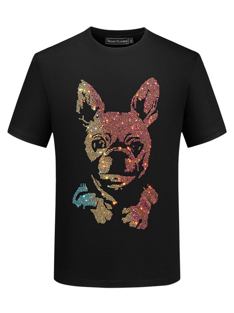 Zero-Sparkling Dog Printing Rhinestone T Shirt
