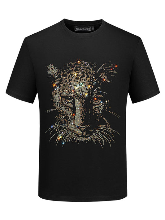 Zero-Wild Style Leopard Printing Black Rhinestone T-Shirt