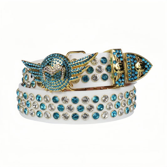 Zero-Exquisite White Belt with Dazzling Blue Rhinestones