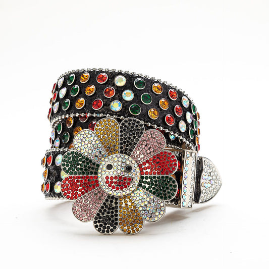 Zero-Black Flower Colorful Rhinestone Belt